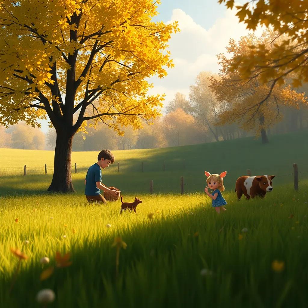 The meadow transitioning from sunny to autumn, with leaves turning gold and a hint of winter in the air, Andy collecting food while Ginny plays, warm light, inviting yet suspenseful perspective