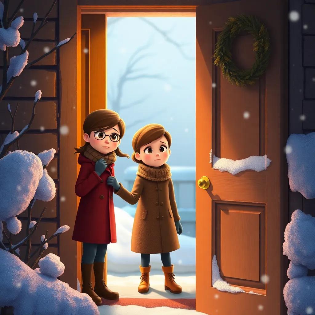 Ginny looking sad, knocking at Andy's door on a cold winter afternoon, details of the chilly surroundings and her shivering figure, digital art, warmth in contrast to the chilly scene