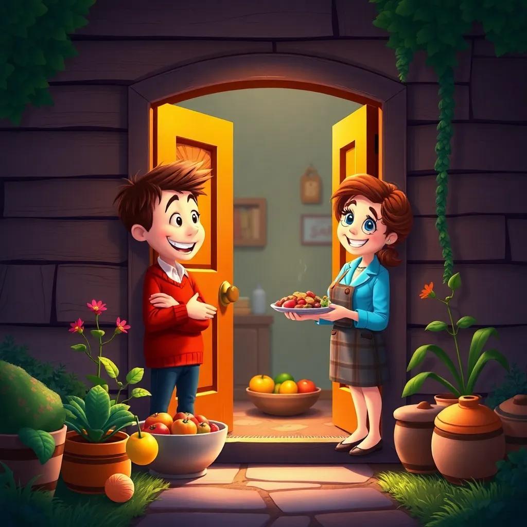 A cozy little home where Andy opens the door to help Ginny with food, both characters smiling, sharing warmth and kindness, colorful digital painting, heartwarming aura, high quality