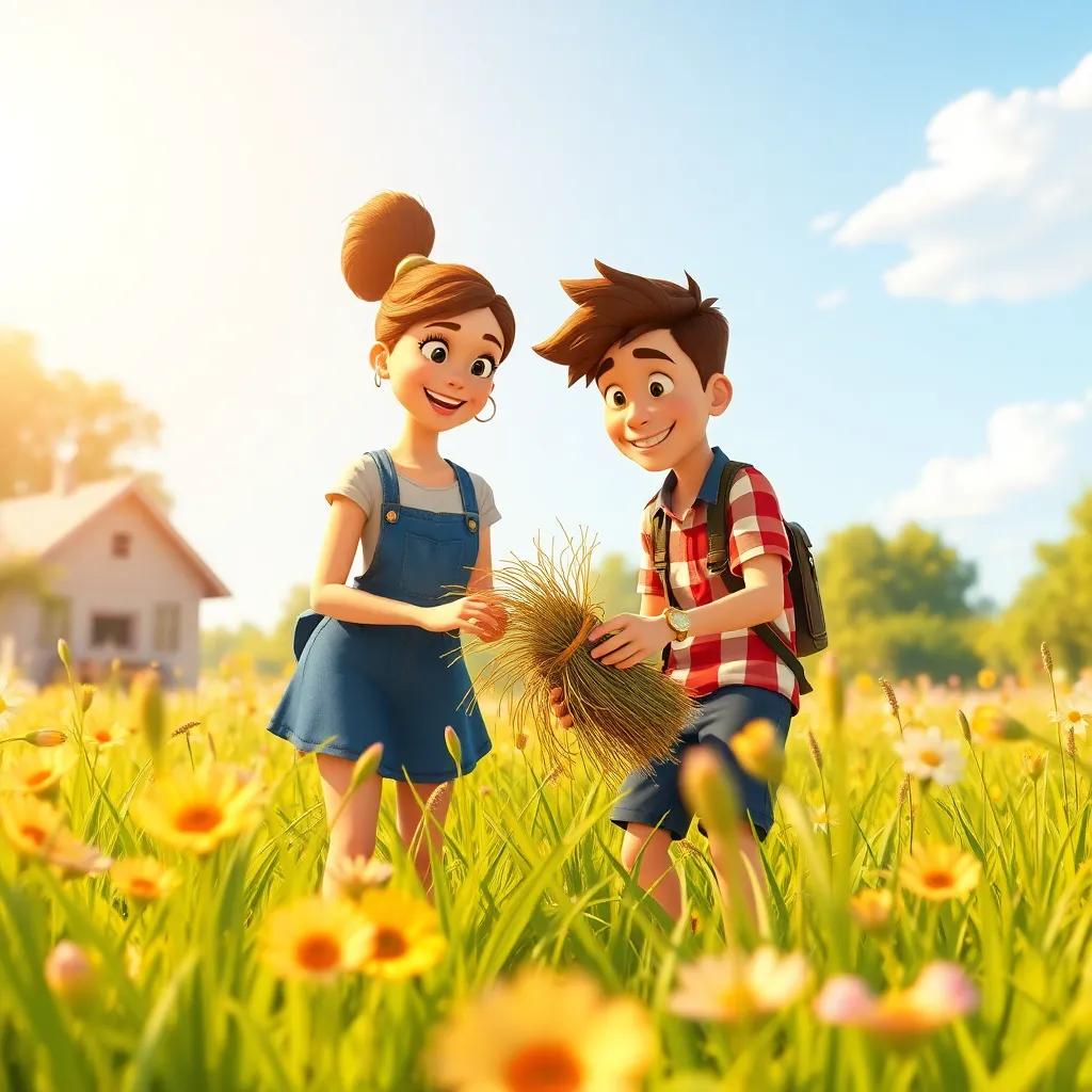Ginny learning a valuable lesson, happily working in the meadow with Andy in the summer sun, representing balance between work and play, bright colors, cheerful mood, upbeat atmosphere