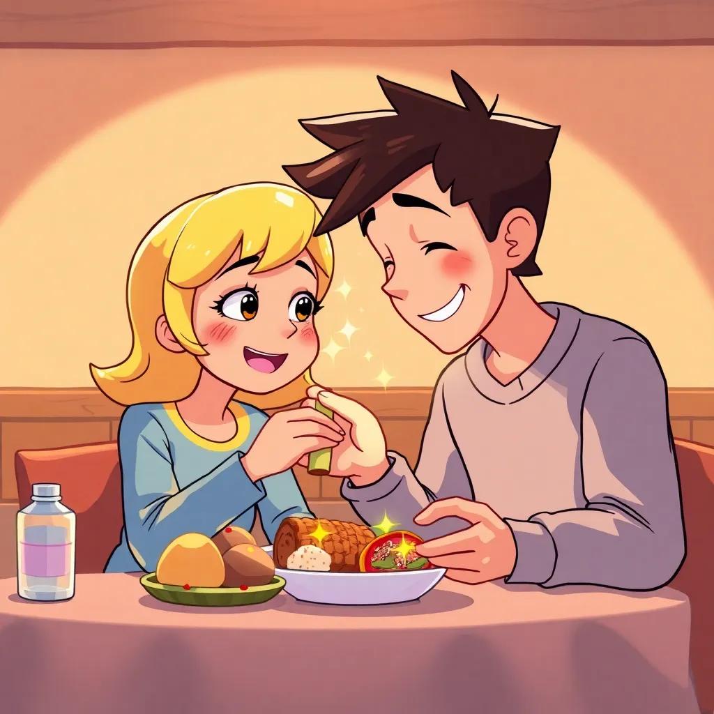 Andy helping Ginny and sharing his food, both characters enjoying a meal together with sparkles of friendship, warm light around them, inviting and cozy, high-quality illustration