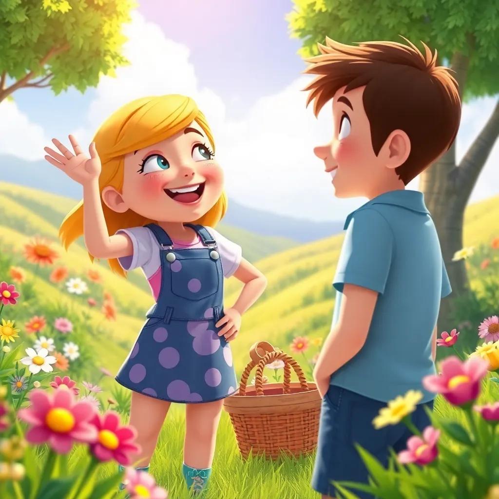 Ginny happily preparing for summer with Andy beside her, joyful landscape with blooming flowers and sunshine, vibrant colors, energy-filled scene, uplifting perspective.