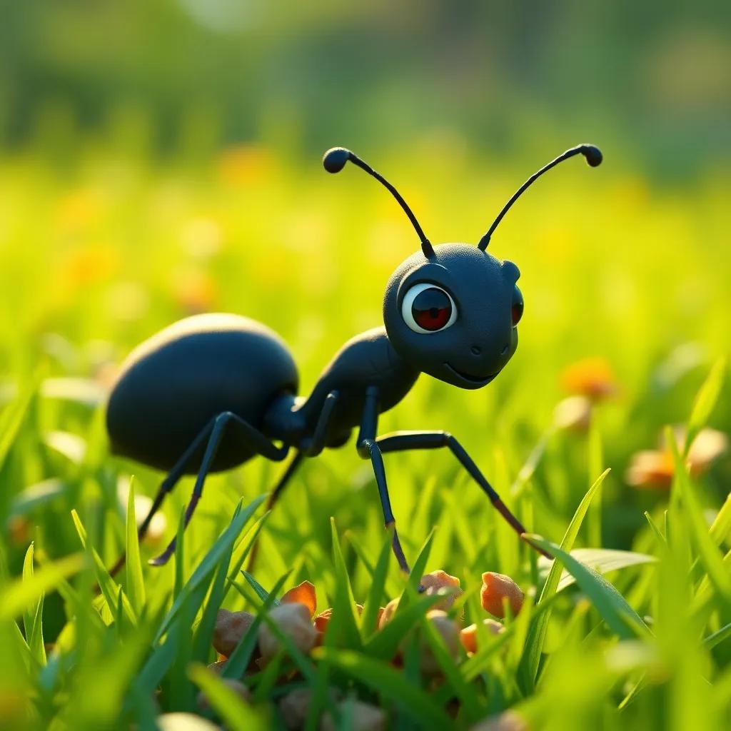 A small black ant named Andy, working hard in a bright green meadow, collecting food with tiny legs and a focused expression, digital art, vibrant colors, warm sunlight, cheerful atmosphere, high quality