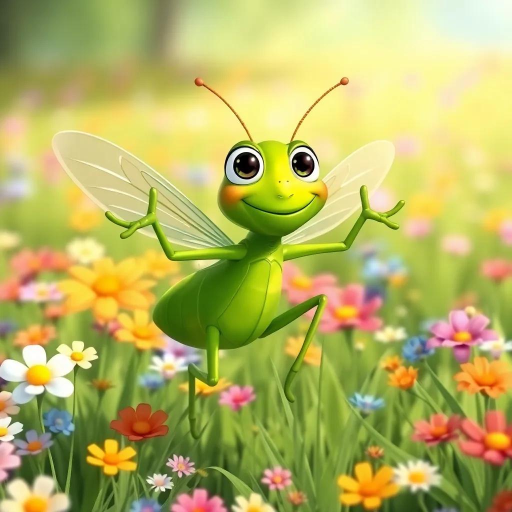 A green grasshopper named Gary, hopping joyfully in the same meadow, with big wings and a playful smile, surrounded by colorful flowers, illustration, cheerful, bright colors, lively