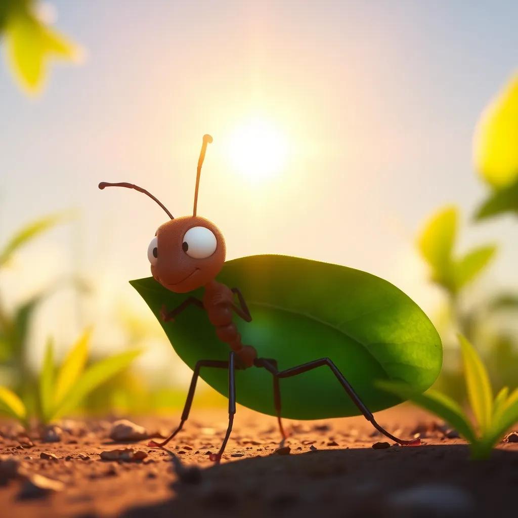 Andy the ant, carrying a big leaf on his back, under the bright sun shining down on him, focused and determined, digital painting, sunny, warm light, high detail