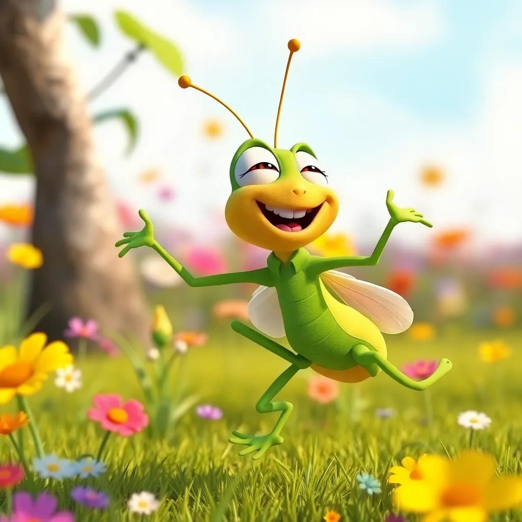 Gary the grasshopper, laughing and singing, jumping near Andy, with a joyful expression, colorful meadow background, child-friendly, bright colors, energetic
