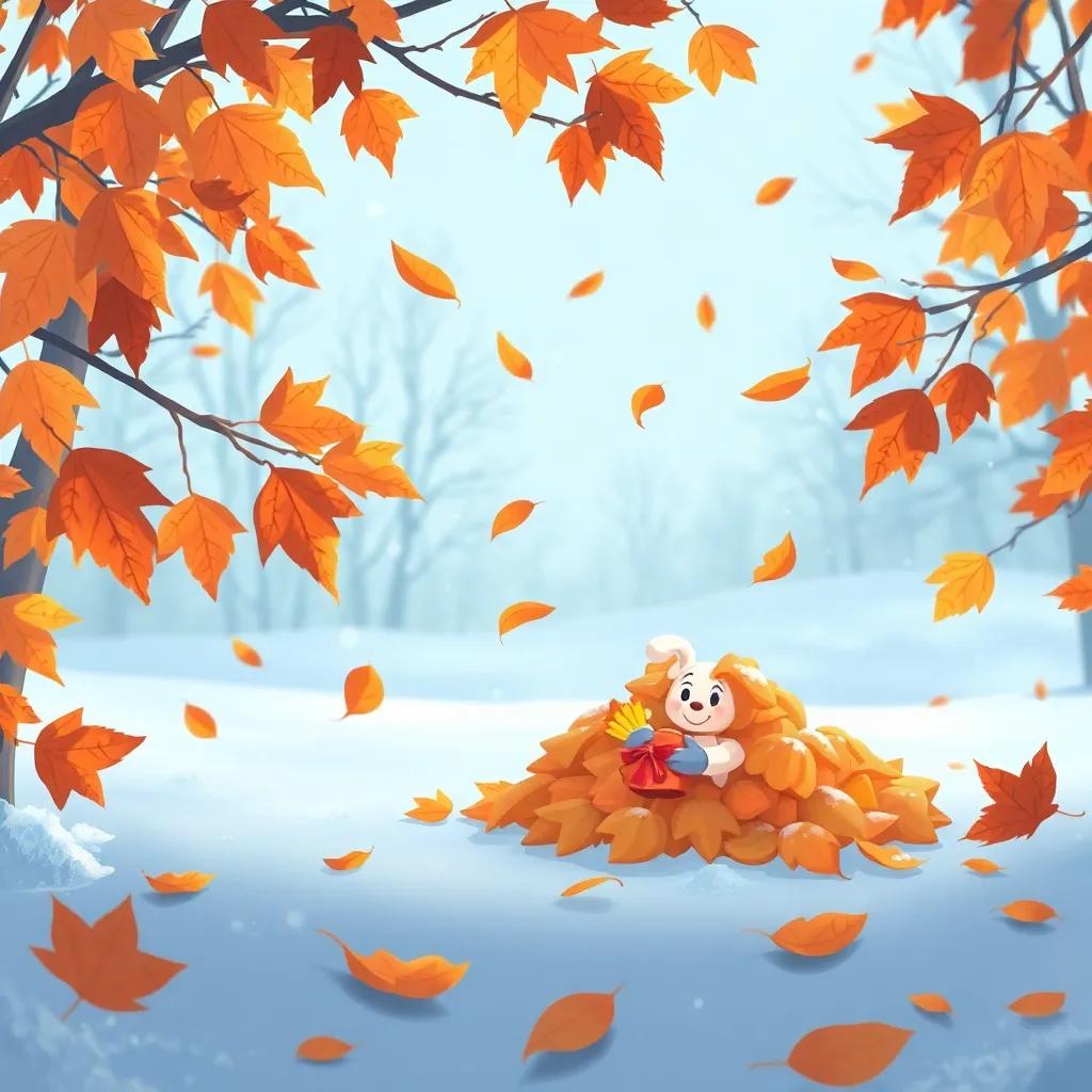 The changing seasons, showcasing brown leaves falling down with a cold air, contrasting Andy's food pile, winter setting, illustration, calm and quiet, soft colors