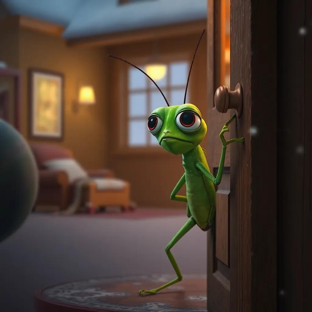 A hungry grasshopper, Gary, knocking on Andy's door, looking sad and shivering in cold weather, cozy home background, digital art, warm colors, inviting atmosphere