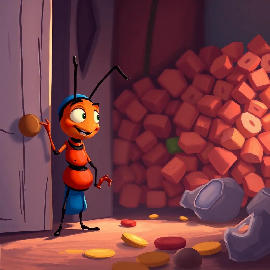 Andy, the hardworking ant, opening his door to Gary, showing kindness, a pile of food in the background, heartwarming scene, digital painting, rich colors, uplifting