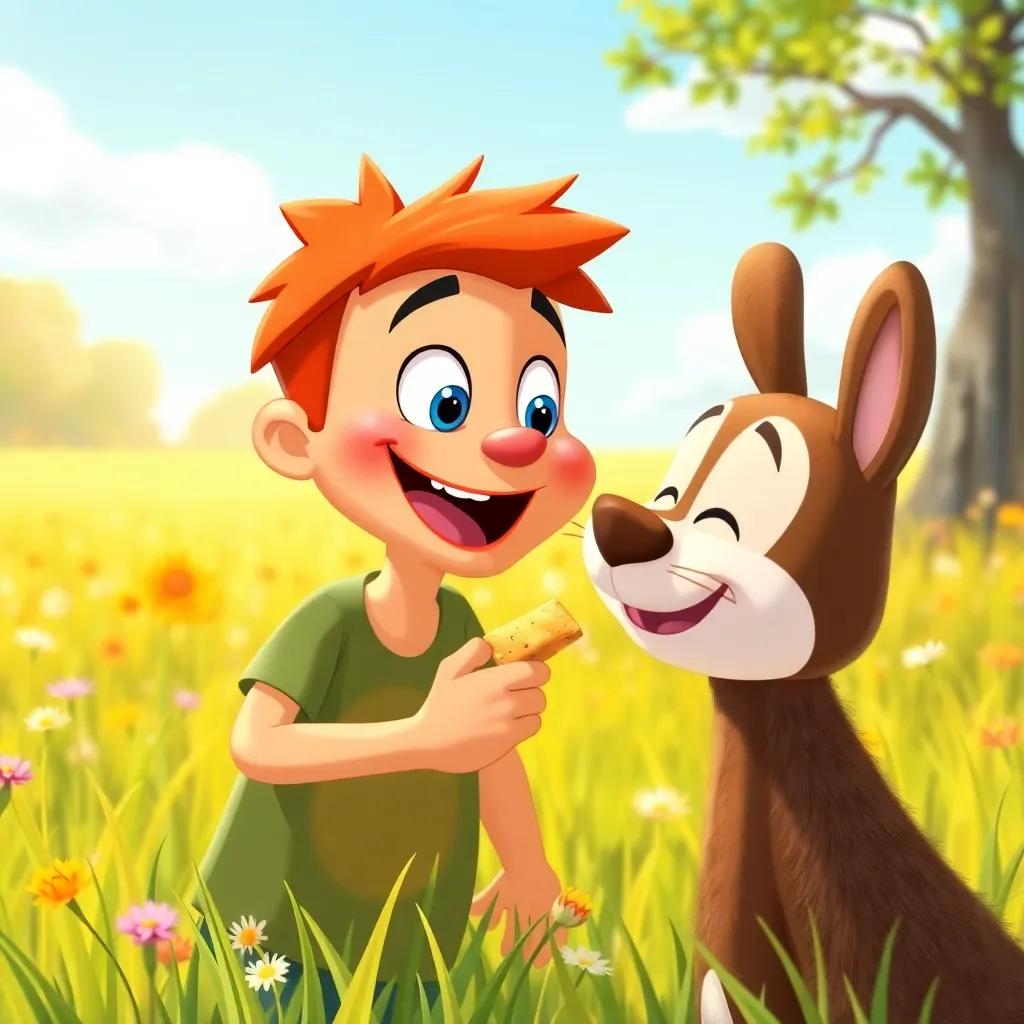 Gary, thanking Andy in the meadow, with a joyful expression and promise, holding a small piece of food, bright sunny day in the background, cheerful illustration, vibrant colors