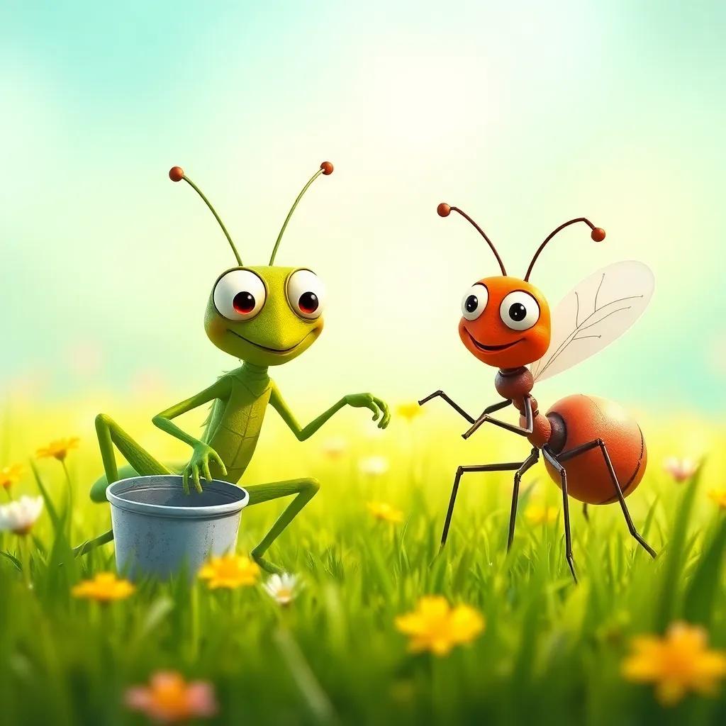 Gary the grasshopper and Andy the ant, happily working together in the meadow, a balance of work and play, playful atmosphere, digital art, bright colors, joyful scene