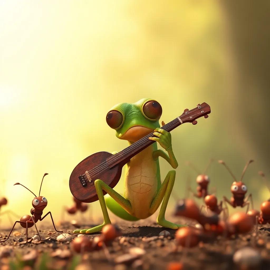 A starving grasshopper, with a fiddle under his arm, humbly begging the ants for food, looking sad and thin, warm sunlight shining down on him, contrasting with the happy ants, heartfelt scene, digital illustration, emotional and engaging, high quality