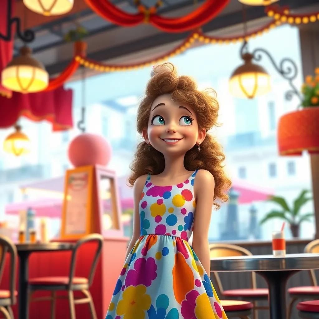A young French girl, Ninon de Lenclos, with curly hair wearing a colorful dress, standing in a bright Parisian cafe, smiling playfully at the Marquis with excitement, detailed digital art, bright colors, inviting atmosphere, high quality