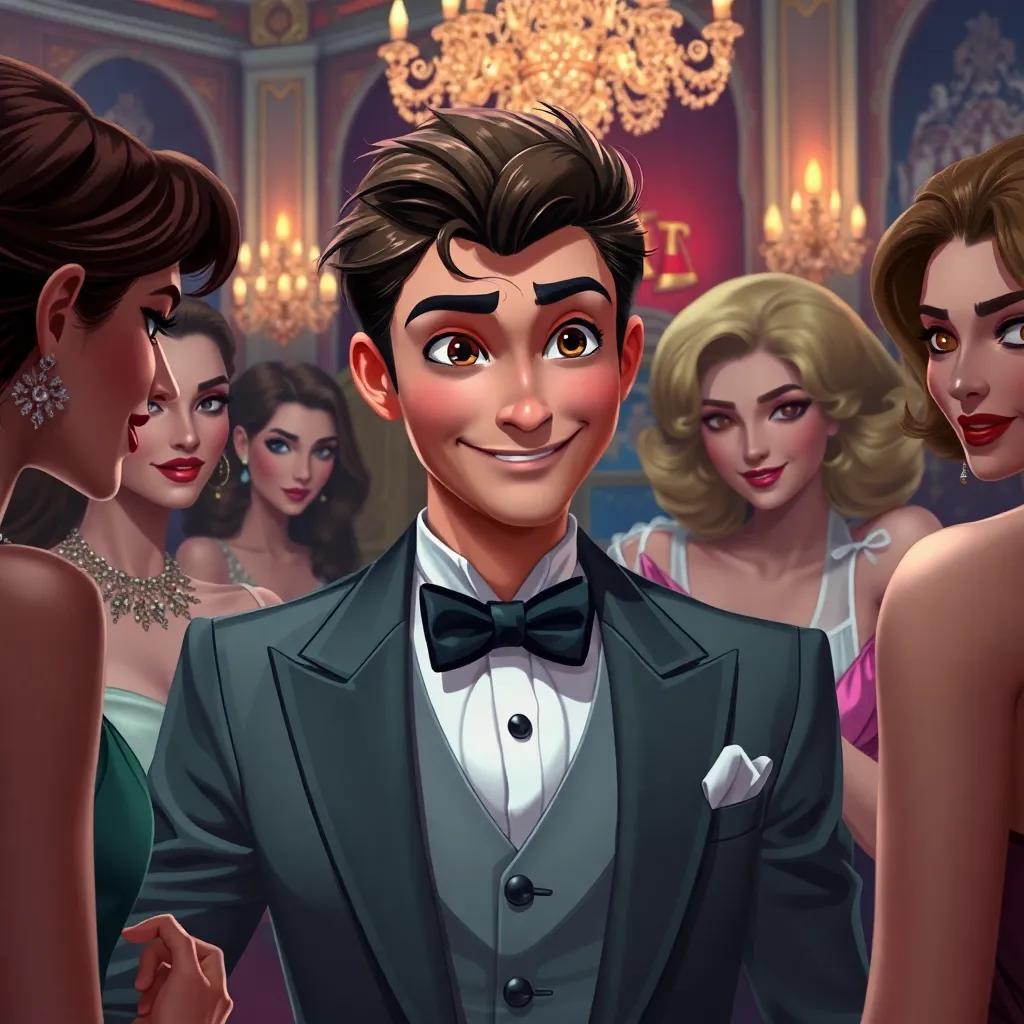At a grand Parisian party, a charming young man, the Marquis in a classy suit with a playful smirk, surrounded by beautiful women, with a jealous countess looking on, digital painting, elegant atmosphere, festive colors, rich details