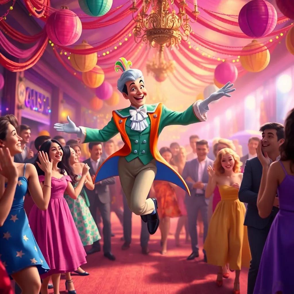 The Marquis playfully skipping through a vibrant party, appearing and disappearing among the excited guests as they laugh and dance, colorful decorations, playful energy, lively atmosphere, high quality