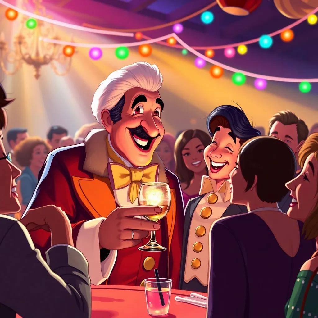 The Marquis joking with guests at a lively party, a glimmering glass in hand and laughter all around, surrounded by curious friends, colorful lights illuminating the scene, joyful mood, detailed illustration