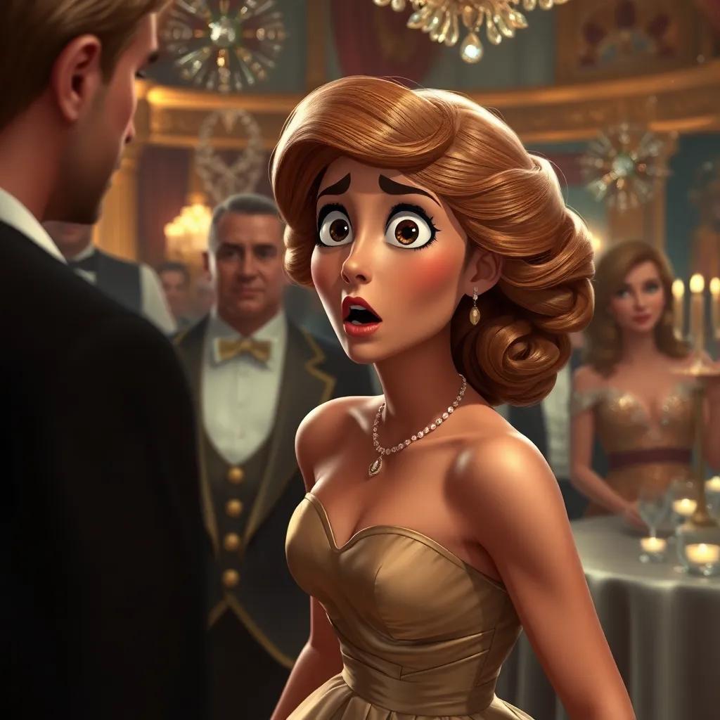 A shocked Ninon de Lenclos in an elegant dress, gasping at the Marquis, her expression a mix of disbelief and urgency, surrounded by a glittering party scene, digital art, dramatic tone, focused details
