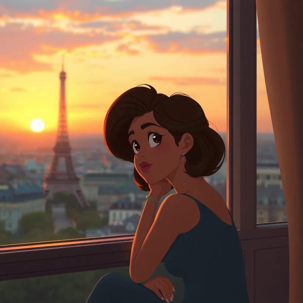 Ninon looking thoughtfully out of a window, pondering her lessons of mystery and confusion in seduction, a Paris sunset in the background, warm colors, reflective atmosphere, soothing details