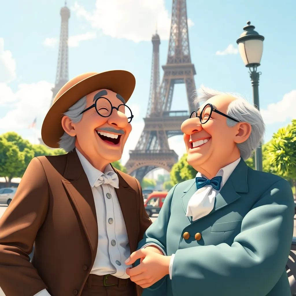 Ninon de Lenclos and the Marquis laughing on a sunny day in Paris, their friendship renewed, with the Eiffel Tower shining in the distance, cheerful mood, vibrant scene, high quality