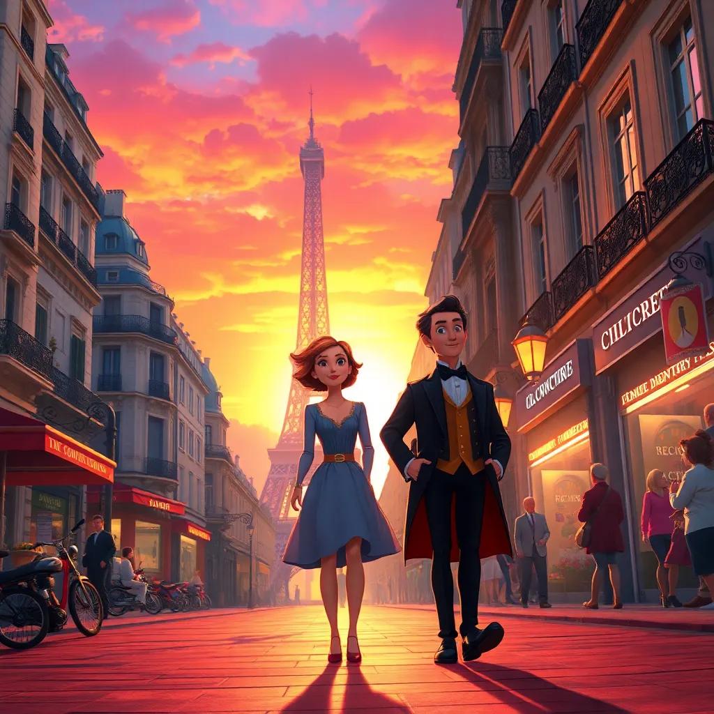 The glowing Parisian sunset, with Ninon and the Marquis walking side by side, ready for new adventures, surrounded by colorful city life, warm atmosphere, inviting details, magical scene