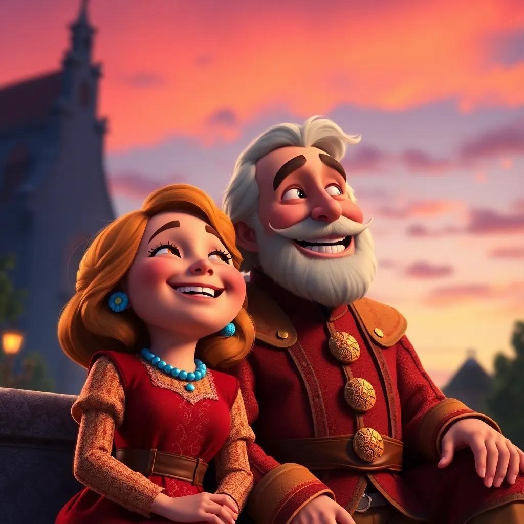 Ninon de Lenclos and the Marquis, sharing laughter as they look towards the future, playful expressions on their faces under a twilight sky, vibrant colors, dreamlike quality, child-friendly