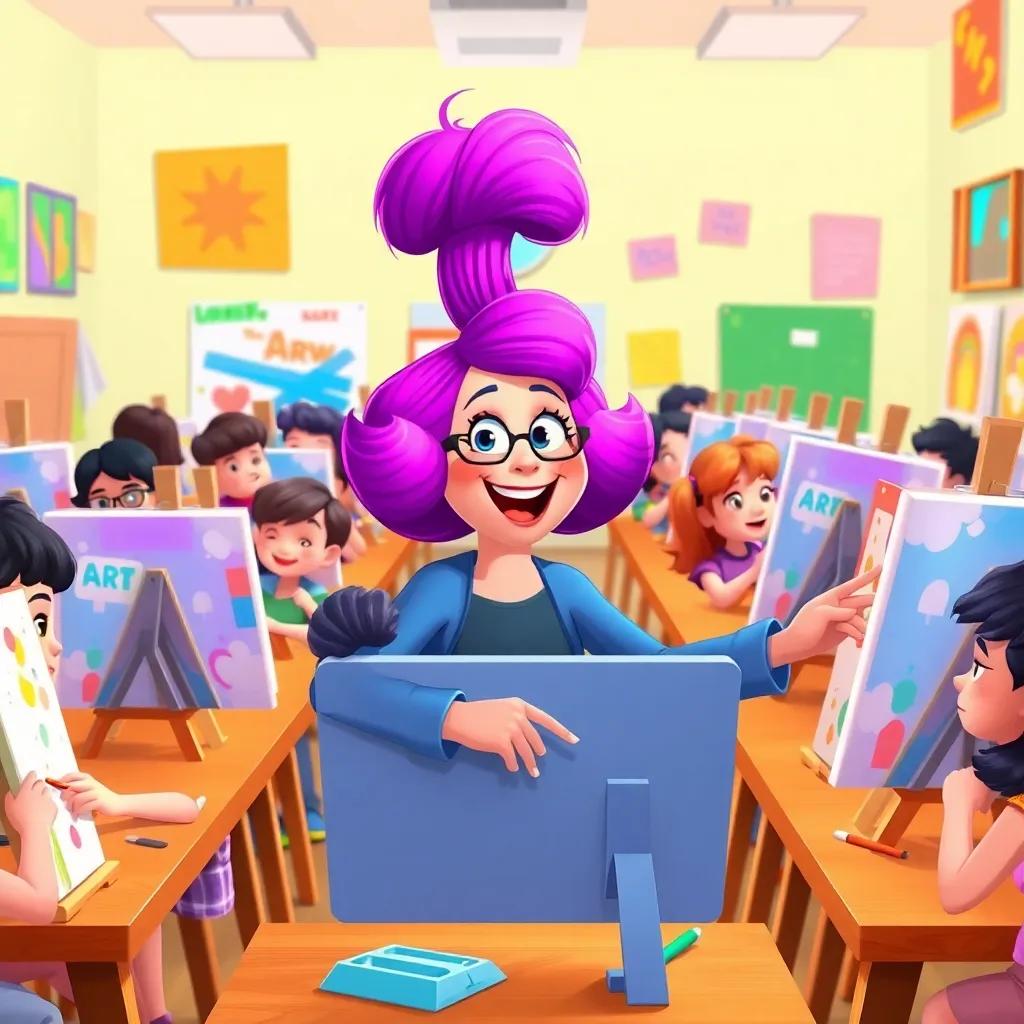 A vibrant and colorful art classroom filled with middle school students, each working on their canvases, Ms. Birds with bright purple hair in fluffy puffs, excitedly directing them, cheerful atmosphere, lively and fun, digital art, cartoon style
