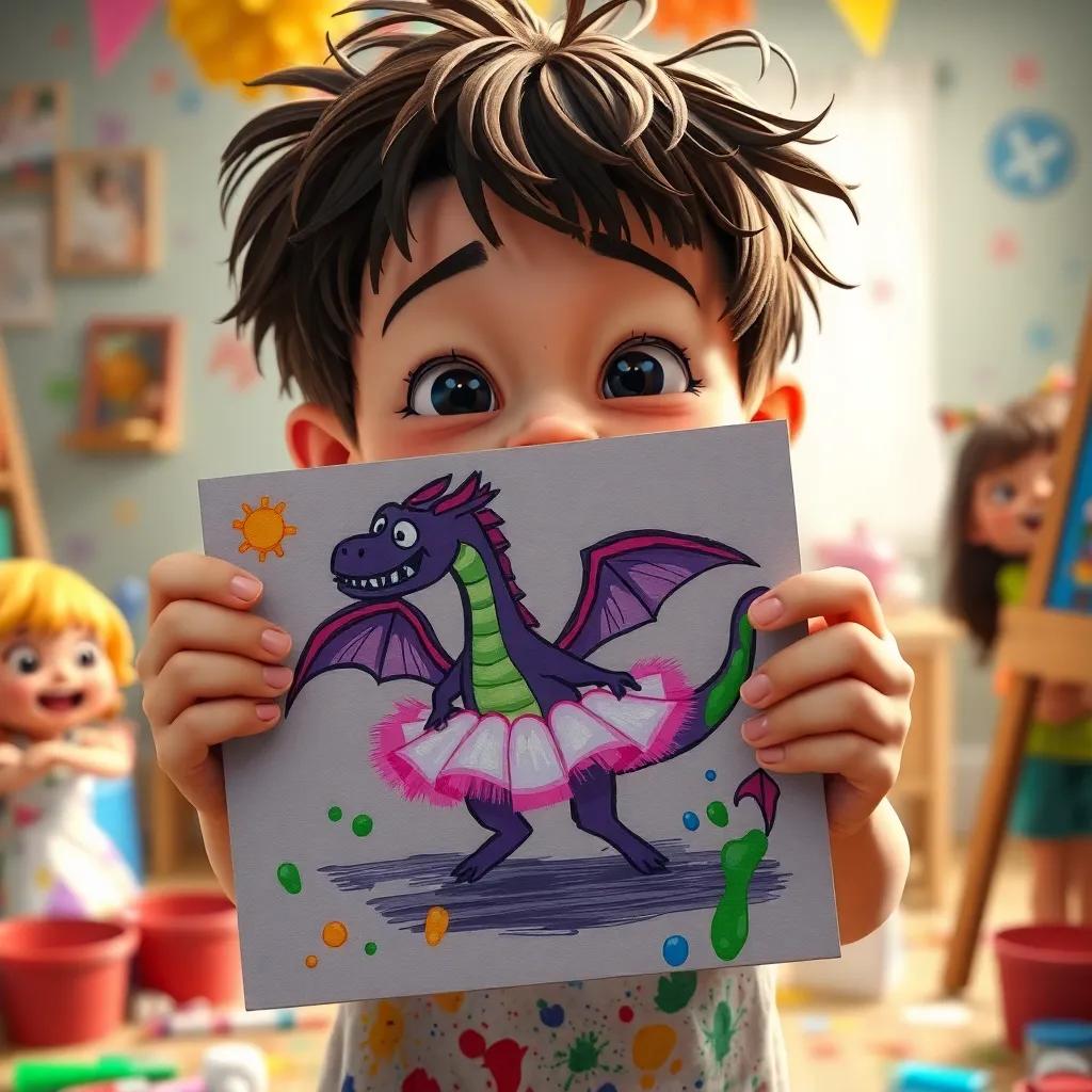 A close-up of a boy named Billy, with messy hair and a paint-splattered shirt, showing his painting of a dragon in a tutu, surrounded by laughter and mess, colorful and animated, capturing joy, illustrative style
