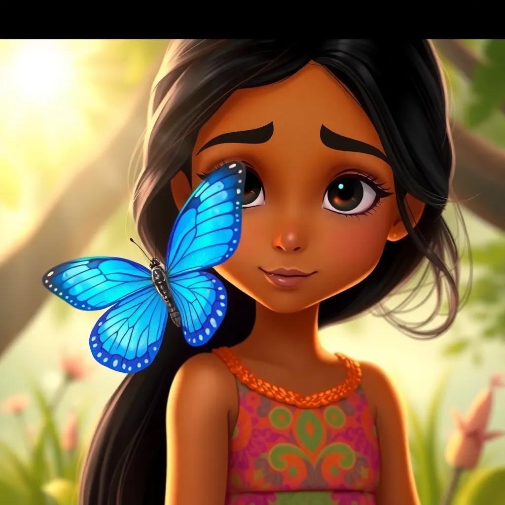 Laila, a young girl with long, black hair wearing a colorful dress, focusing on a blue and gold butterfly fluttering near her, the sun shining down, illustration, warm light, nature scene, detailed