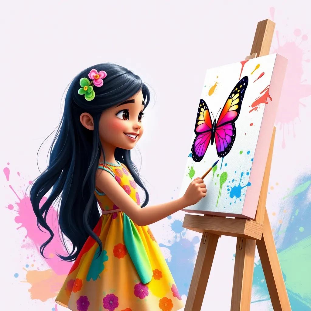 Laila, a young girl with long, black hair wearing a colorful dress, painting a beautiful butterfly on her canvas, surrounded by splashes of colorful paint, playful vibe, engaging colors, joyful