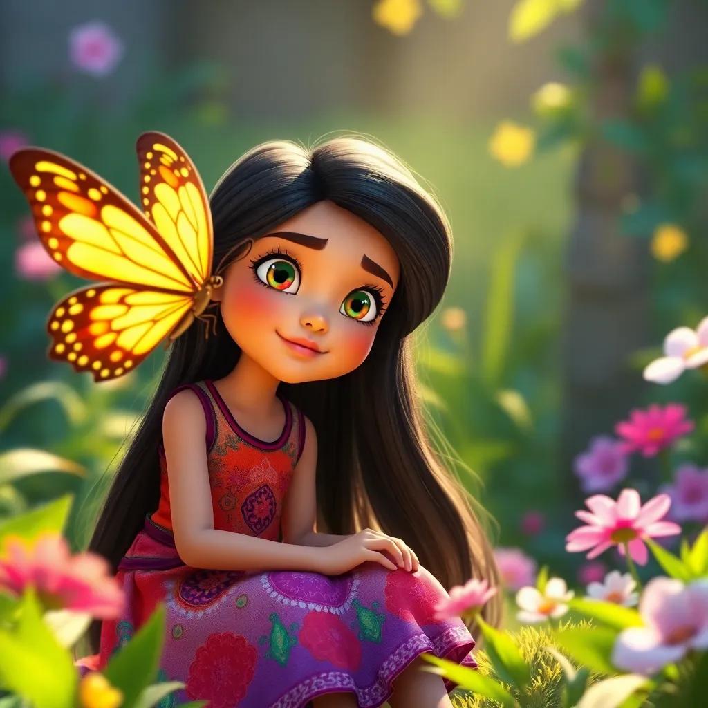 A magical butterfly hovering close to Laila, a young girl with long, black hair in a colorful dress, sitting in a garden, bright sunlight illuminating her face, fantasy, uplifting imagery, serene
