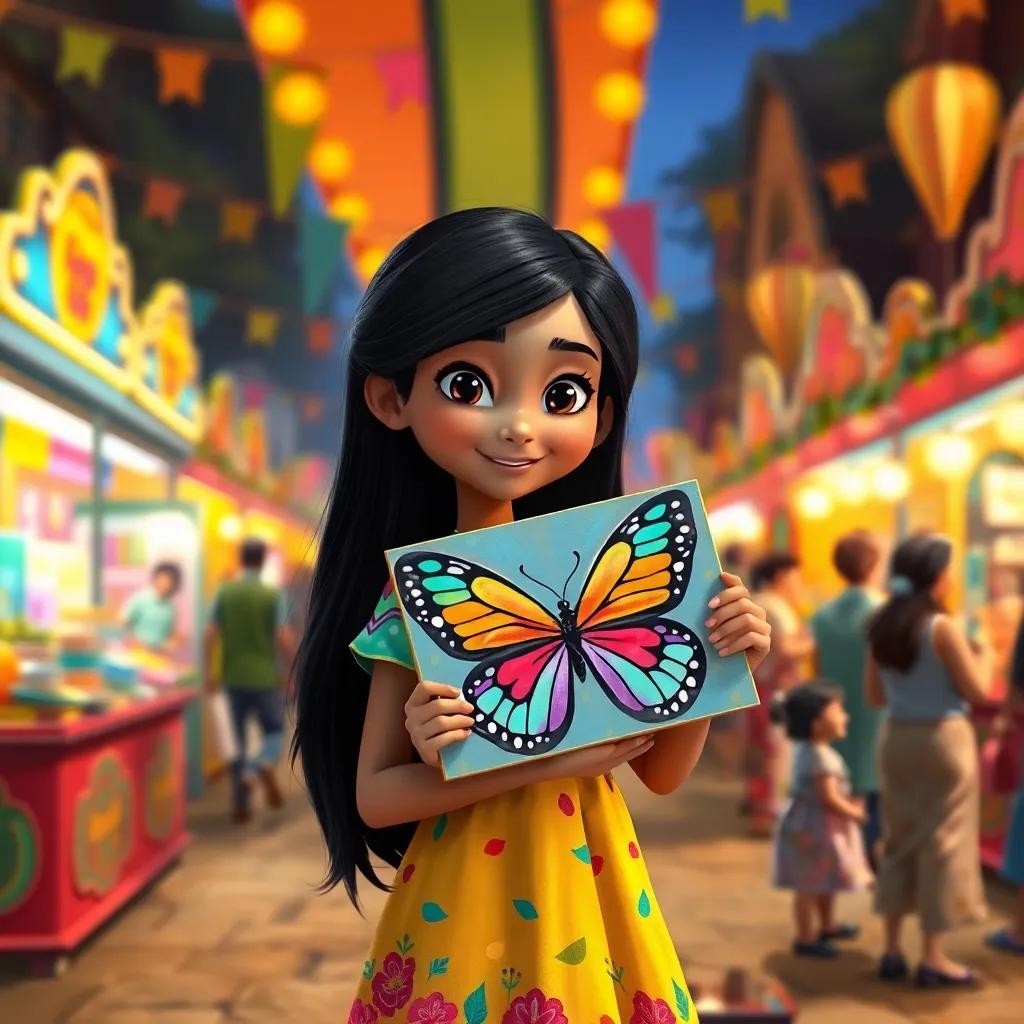 Laila, a young girl with long, black hair in a colorful dress, proudly carrying her butterfly painting to a lively town fair, filled with colorful booths and happy people, vibrant scene, inviting atmosphere