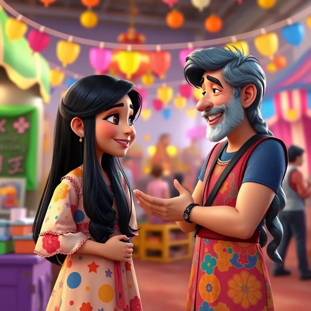 Laila, a young girl with long, black hair in a colorful dress, speaking with an older artist, both smiling, surrounded by vibrant fair decorations, inspiring environment, motivational moment