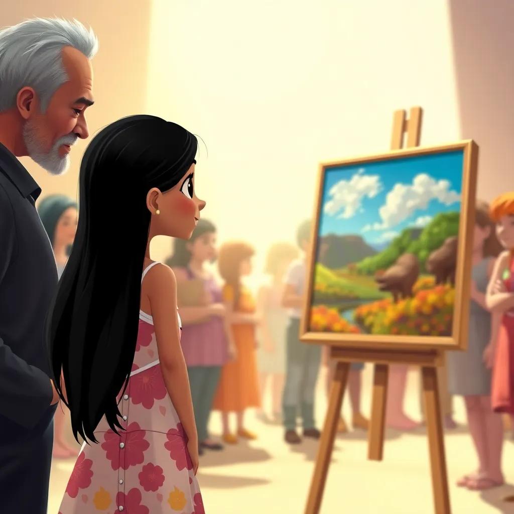 An older artist complimenting Laila's painting, a young girl with long, black hair in a colorful dress, showcasing her work in front of a gathering crowd, warm light, supportive atmosphere