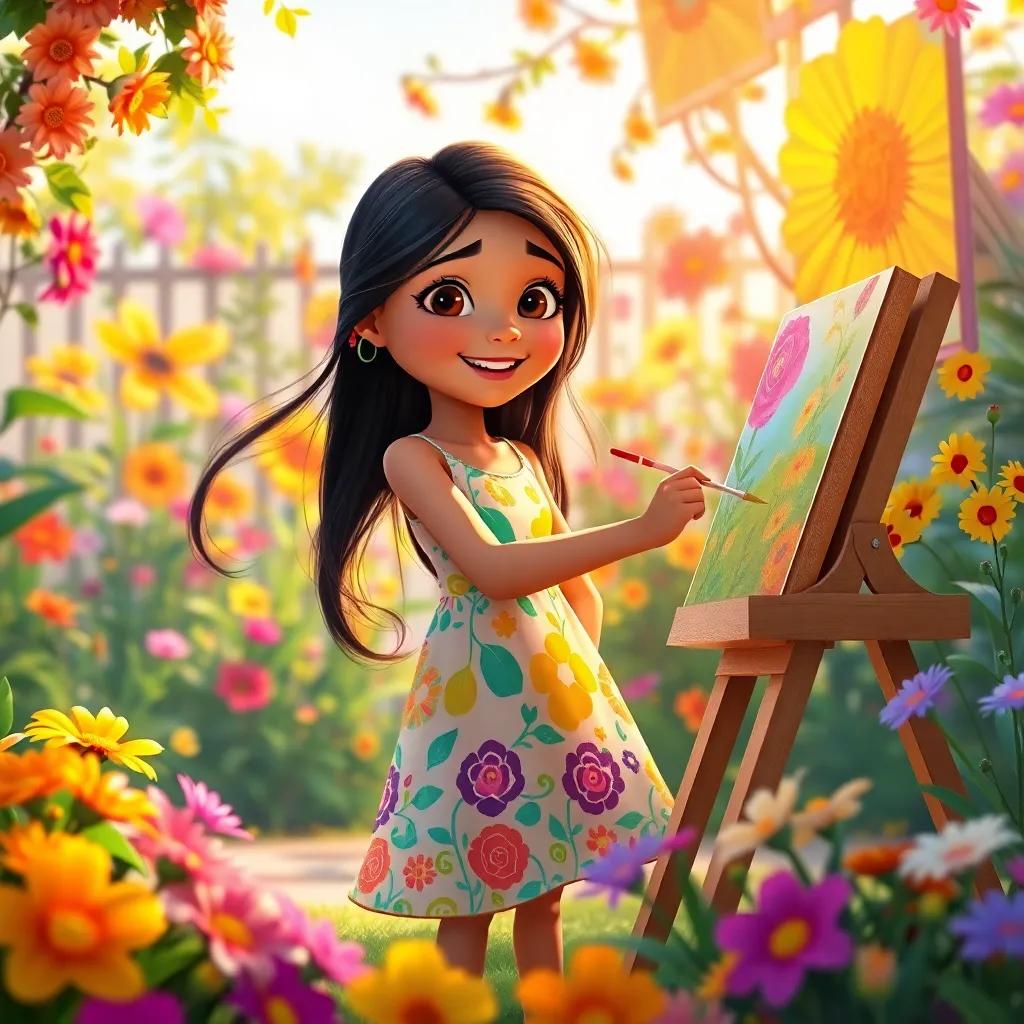 Laila, a young girl with long, black hair in a colorful dress, happily painting in a sunlit garden surrounded by her previous art, colorful flowers, enchanting scene, bright and joyful
