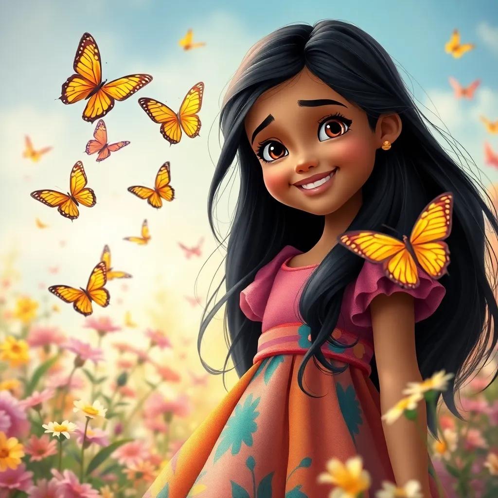 Laila, a young girl with long, black hair in a colorful dress, surrounded by butterflies and flowers, capturing the joy of expression through her art, vibrant setting, lovely imagery