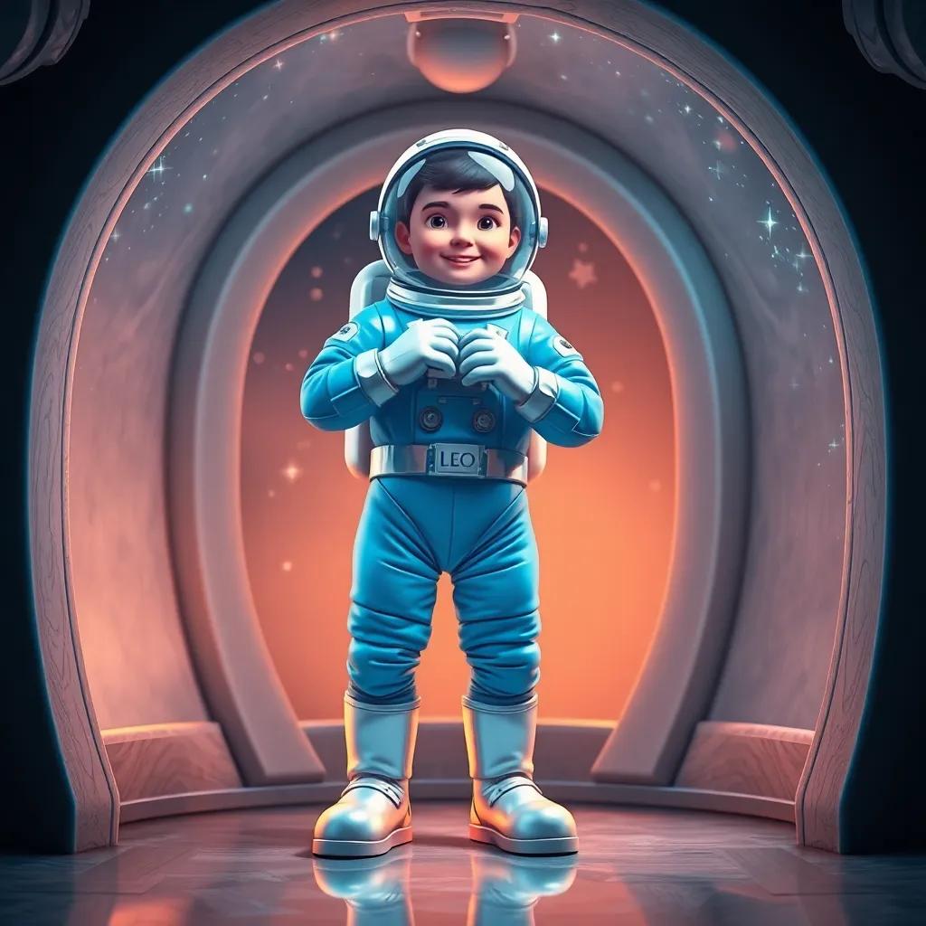 A cheerful astronaut named Leo, wearing a bright blue space suit and shiny silver boots, standing in his cozy space home with stars twinkling outside, digital art, vibrant colors, warm atmosphere, high quality