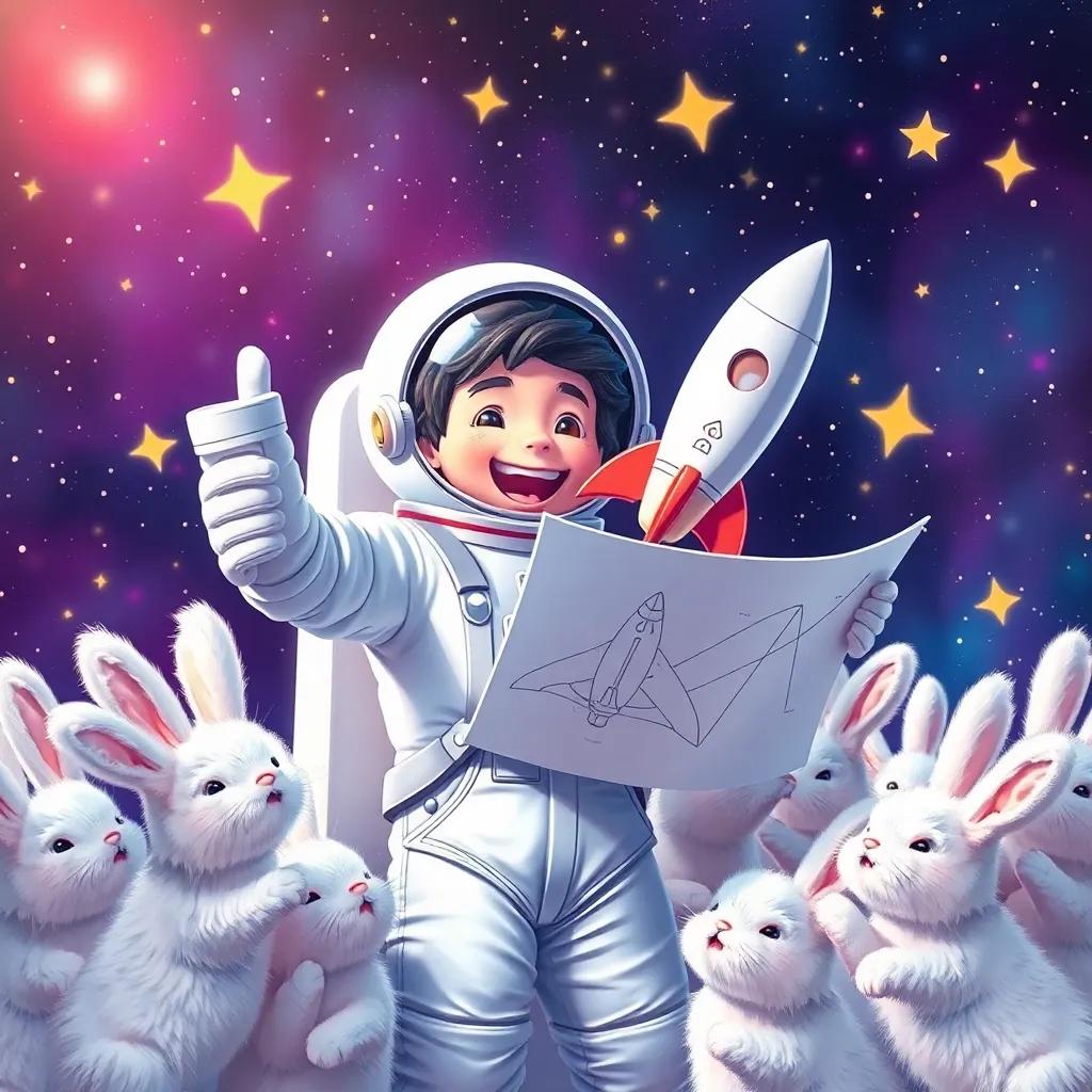 Leo, the astronaut, excitedly holding a blueprint of a rocket, surrounded by fluffy space bunnies cheering him on, colorful background filled with stars, digital illustration, joyful scene, friendly and inviting