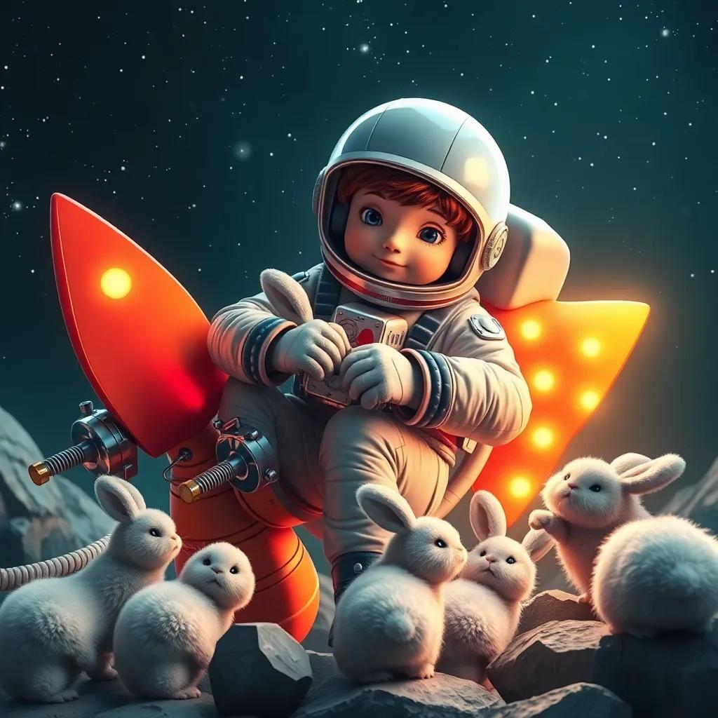 Leo, the astronaut, working on his colorful rocket with fluffy space bunnies helping, shiny metal and glowing lights, under a starry sky, detailed digital art, warm and lively atmosphere, high quality