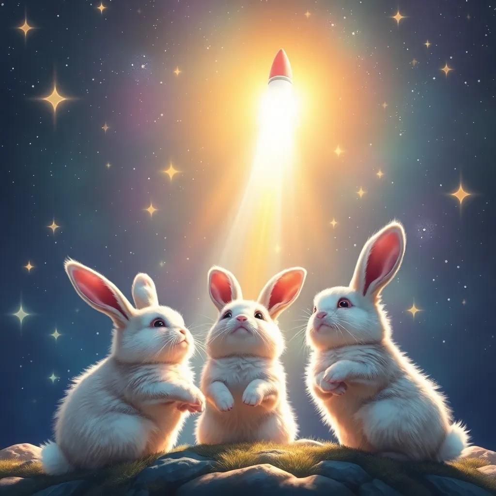 Leo's tall, colorful rocket shining under the bright stars, the fluffy space bunnies looking up in awe, surrounded by twinkling stars, cheerful colors, digital painting, adventure-themed, high quality