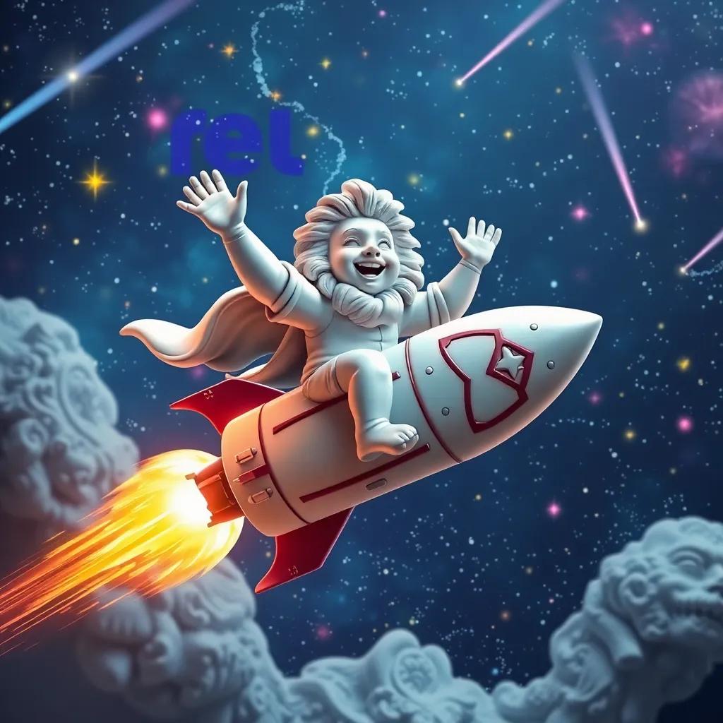 Leo soaring in his rocket through space, waving at colorful stars and sparkling comets, joyful expression, digital art, uplifting and adventurous scene, high quality