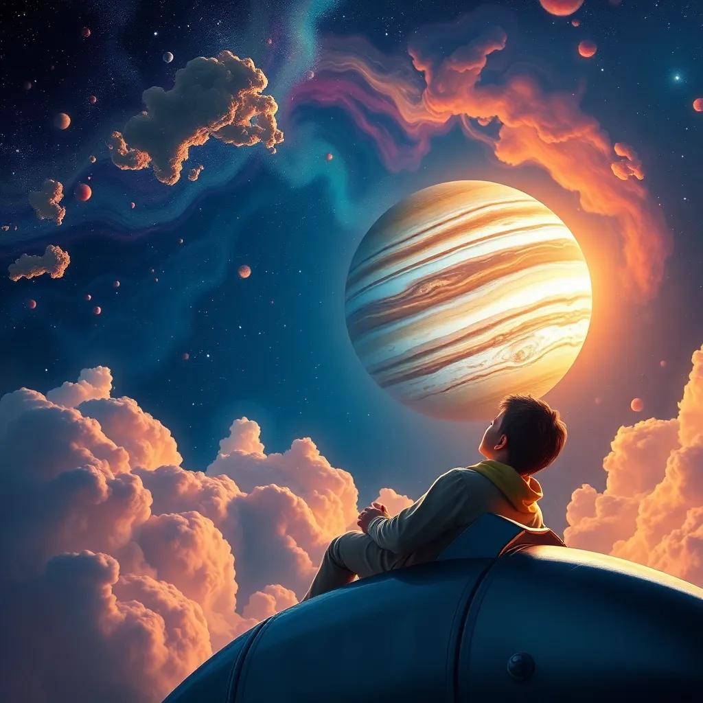 Leo marveling at Jupiter from his rocket, with colorful clouds swirling around the giant planet, feeling amazed, digital painting, magical atmosphere, high quality