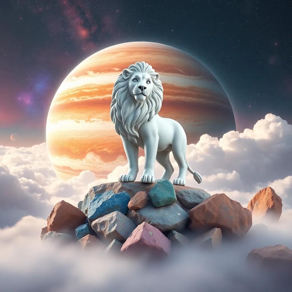 Leo standing on the soft clouds of Jupiter, surrounded by colorful rocks, smiling and taking pictures, beautiful space background, digital art, whimsical and inviting, high quality