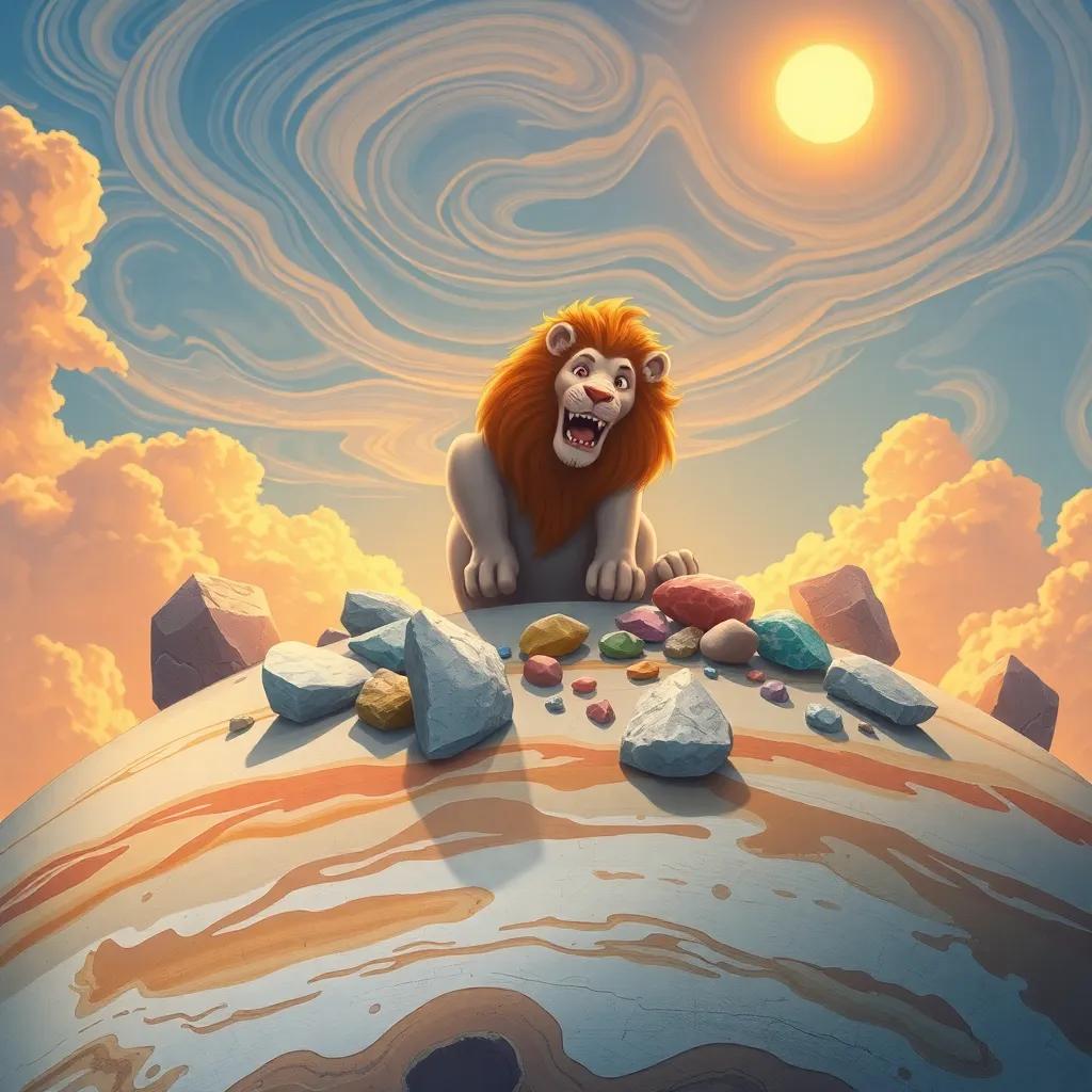 Leo gathering colorful rocks on Jupiter, with swirling clouds above and a bright, cheerful sky, friendly and adventurous feel, digital illustration, warm colors, high quality