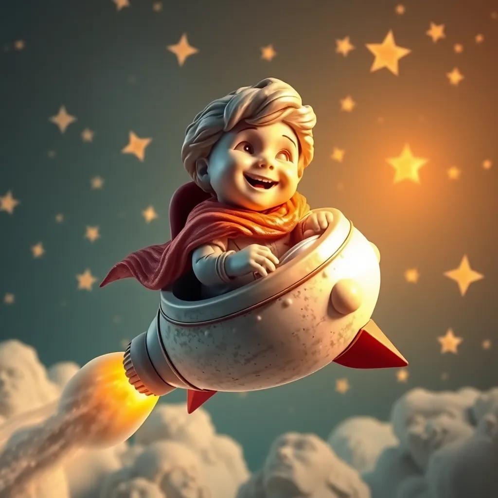 Leo flying back home in his rocket, happy and dreaming of stories to share, with stars shimmering around him, a sense of wonder and excitement, digital art, vibrant colors, high quality