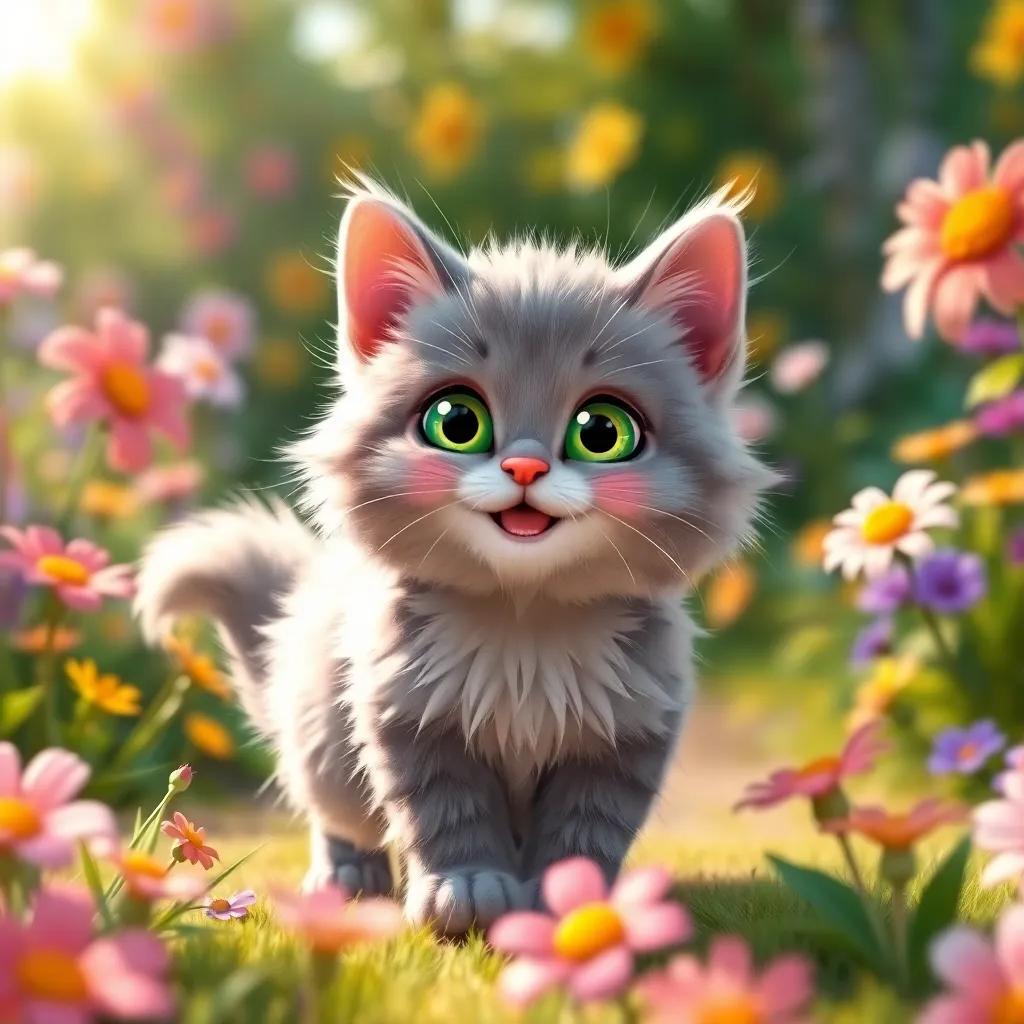 A fluffy grey kitty cat named Whiskers, with bright green eyes, playing happily in a colorful garden filled with flowers and sunlight, digital art, soft and warm colors, cheerful atmosphere, high quality