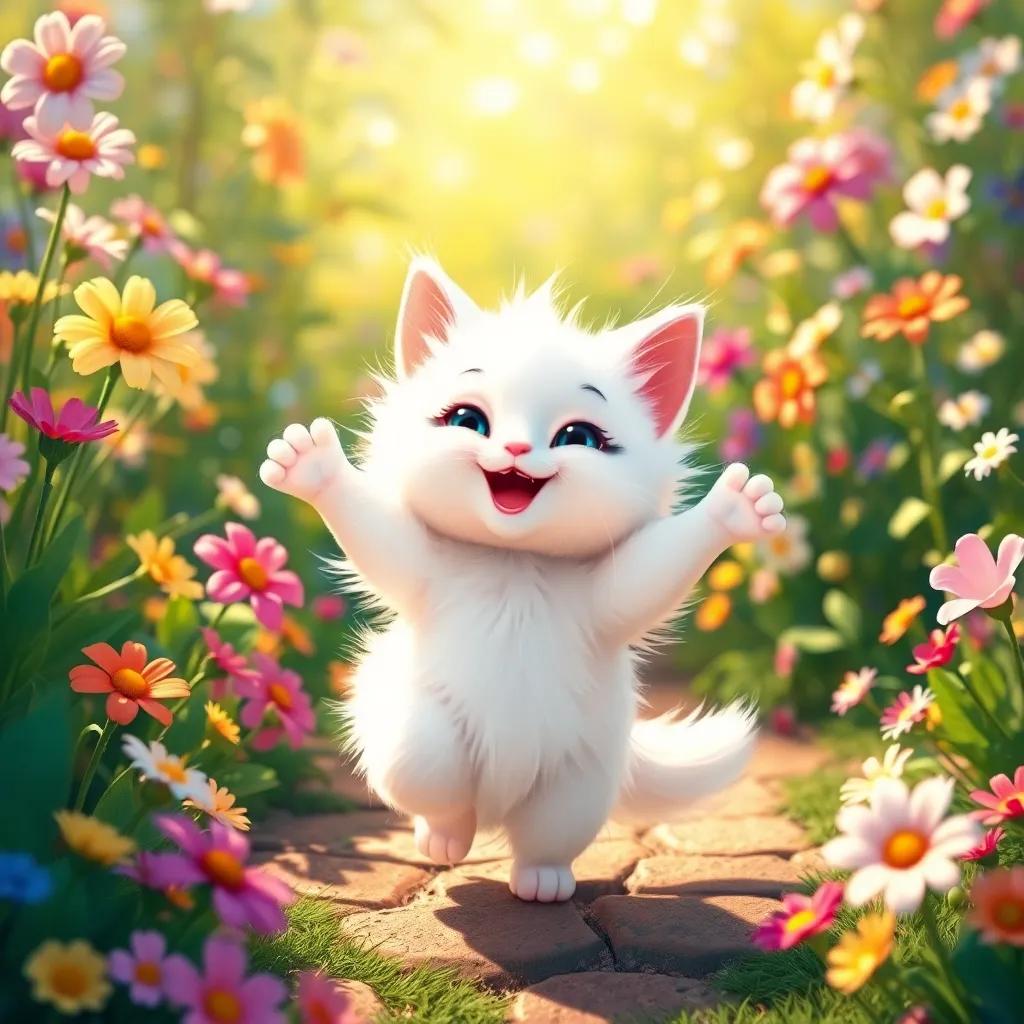 A soft and bright kitty cat named Lucy, with fluffy white fur, happily dancing in a colorful garden filled with flowers and sunlight, cheerful, vibrant colors, high quality