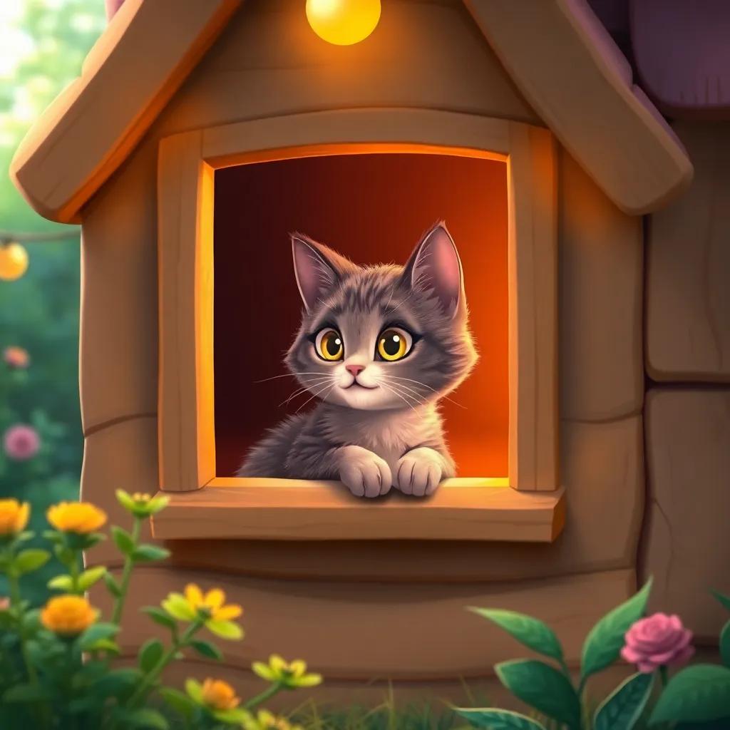 A cozy little house with a window, inside sits Whiskers, an awesome kitty cat with soft fur and twinkling eyes, looking out at the garden, digital art, warm colors, inviting atmosphere, high quality