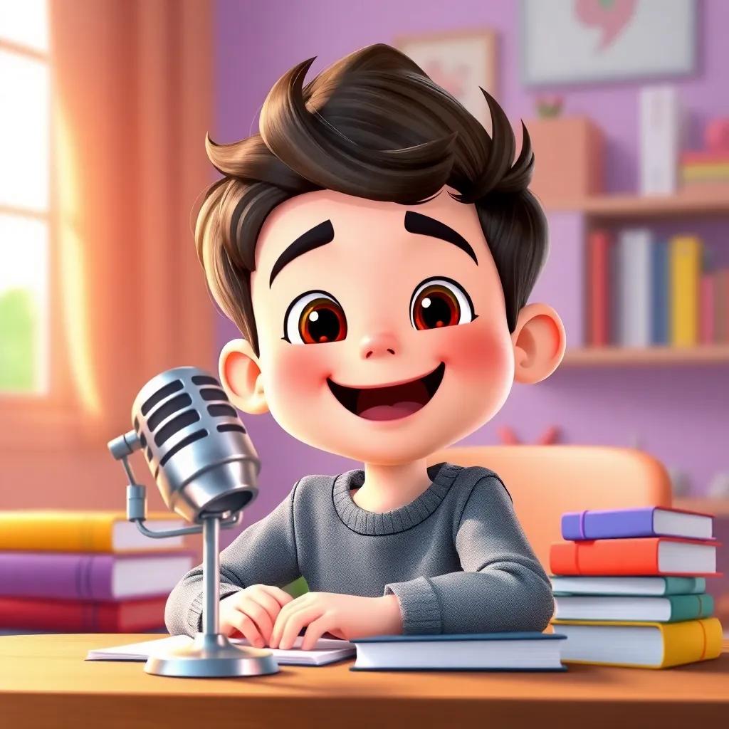A young boy named Max, enthusiastic and cheerful, sitting at a desk with a shiny microphone and colorful books, with dreams of becoming a podcaster, digital art, bright and inviting, expressive face, child-friendly, high quality