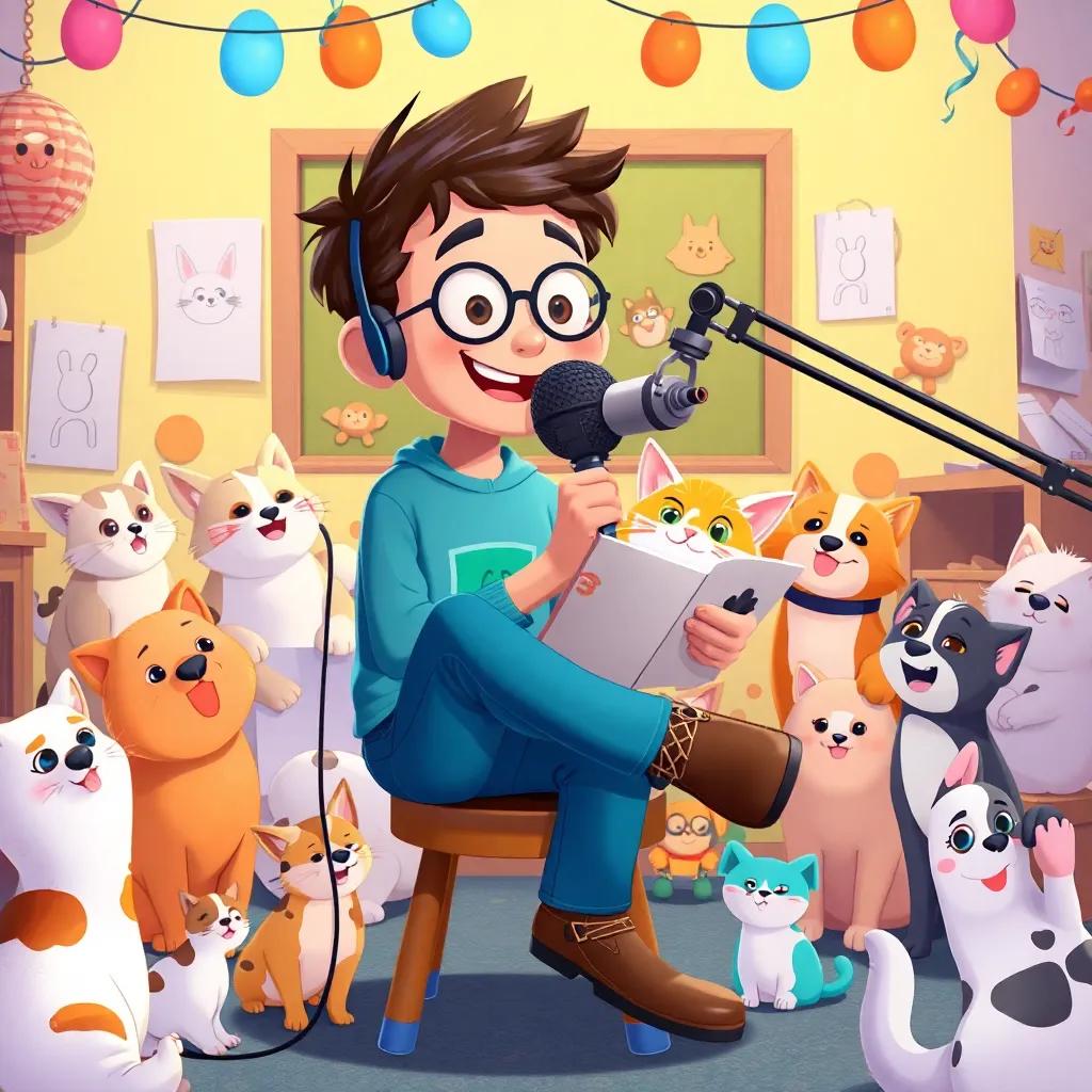 Max sitting on a stool, recording into a microphone, surrounded by cats and dogs illustrating his stories, happy atmosphere, colorful decorations, cheerful, friendly, illustration, high quality