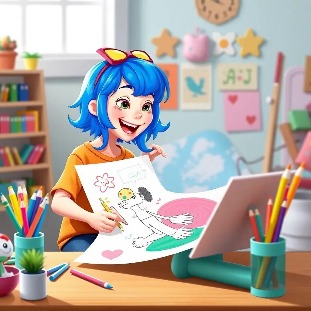 Max's best friend Lily with bright blue hair and colorful art supplies, designing podcast artwork on a big paper, smiling joyfully, digital art, vibrant colors, playful style, high quality